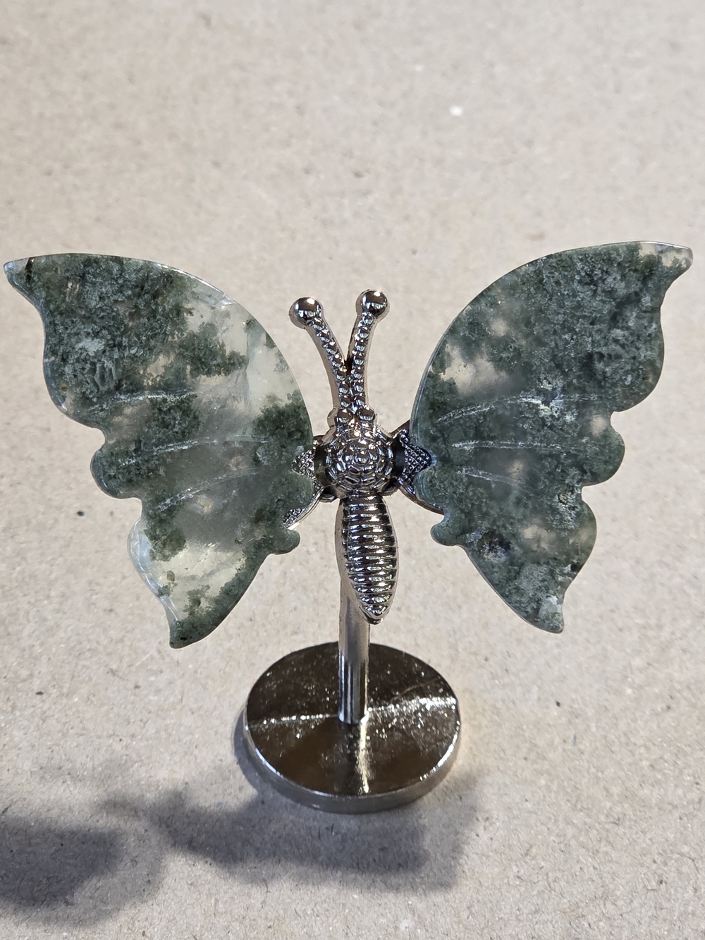 Moss Agate Crystal Butterfly Wings On Metal Body Stand Decor
Home Accent